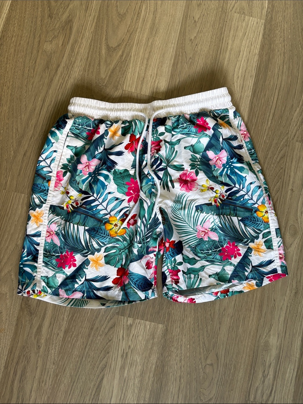 Men's Tropical Floral Swim Trunks - White with Multicolor Print